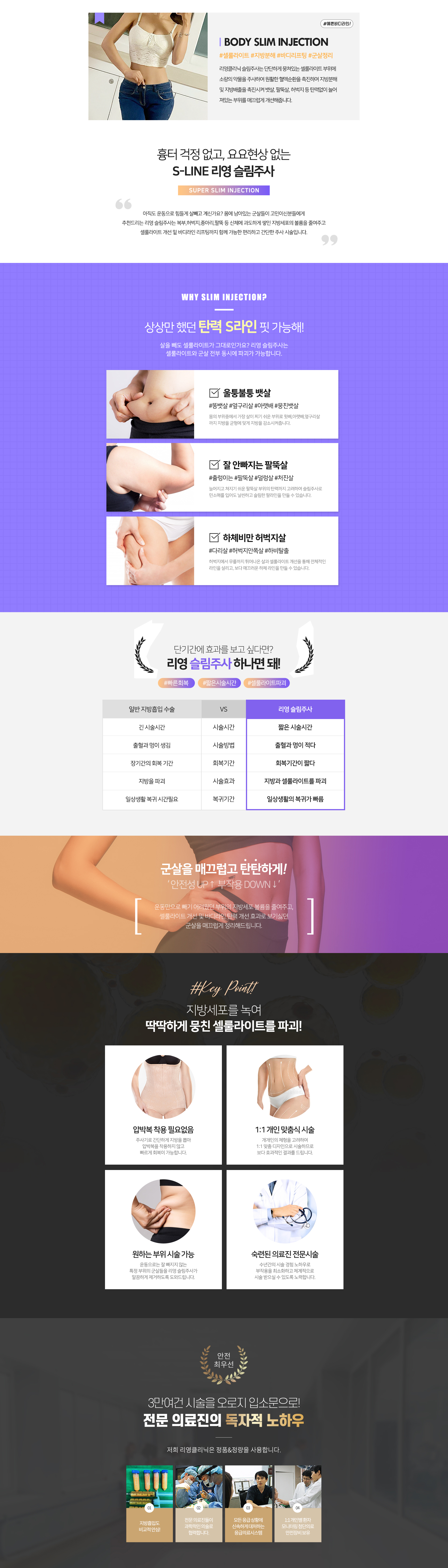 리영클리닉 슬림주사는 단단하게 뭉쳐있는 셀룰라이트 부위에 소량의 약물을 주사하여 원활한 혈액순환을 촉진하여 지방분해 및 지방배출을 촉진시켜 뱃살, 팔뚝살, 허벅지 등 탄력없이 늘어져있는 부위를 매끄럽게 개선해줍니다.
